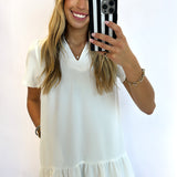 WHITE SOLID RUFFLE NECK DRESS
