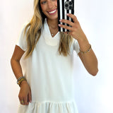 WHITE SOLID RUFFLE NECK DRESS
