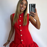RED BUBBLE HEM BUTTONED MINI DRESS
