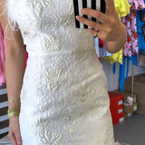 WHITE STRAPLESS FUR MINI JACQUARD DRESS