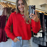 Red Ruffled Cardigan Sweater