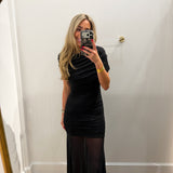 LBK BLACK RUCHED LAYERED MESH MAXI DRESS