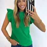 KELLY GREEN RUFFLE SLEEVE POPLIN TOP