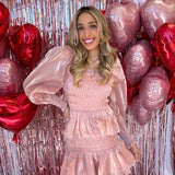 ROSE SHEEN SMOCKED LONG SLEEVE MINI DRESS