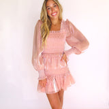 ROSE SHEEN SMOCKED LONG SLEEVE MINI DRESS