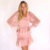 ROSE SHEEN SMOCKED LONG SLEEVE MINI DRESS
