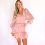 ROSE SHEEN SMOCKED LONG SLEEVE MINI DRESS