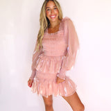 ROSE SHEEN SMOCKED LONG SLEEVE MINI DRESS