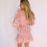 ROSE SHEEN SMOCKED LONG SLEEVE MINI DRESS