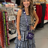 CHECKERED BELT RUFFLE MIDI DRESS