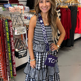 CHECKERED BELT RUFFLE MIDI DRESS