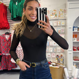 Black Turtle Neck Long Sleeve Mesh Top