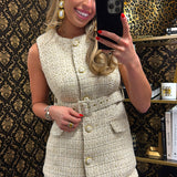 Ivory Gold Button Tweed Belted Set