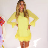 YELLOW SHEER RUFFLE MINI DRESS