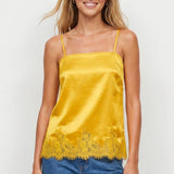 Square Neck Lace Trim Satin Cami: Black / L